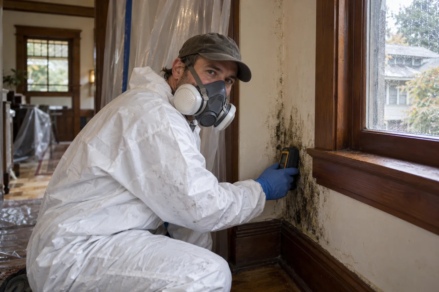 Technician removing dark mold from a bathroom ceiling