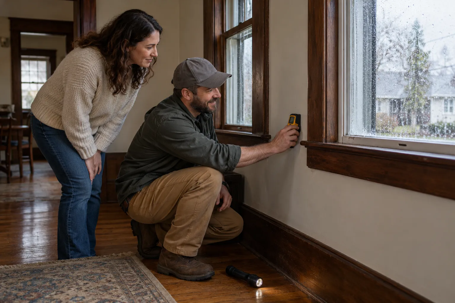 Mold inspector using a thermal camera on a wall