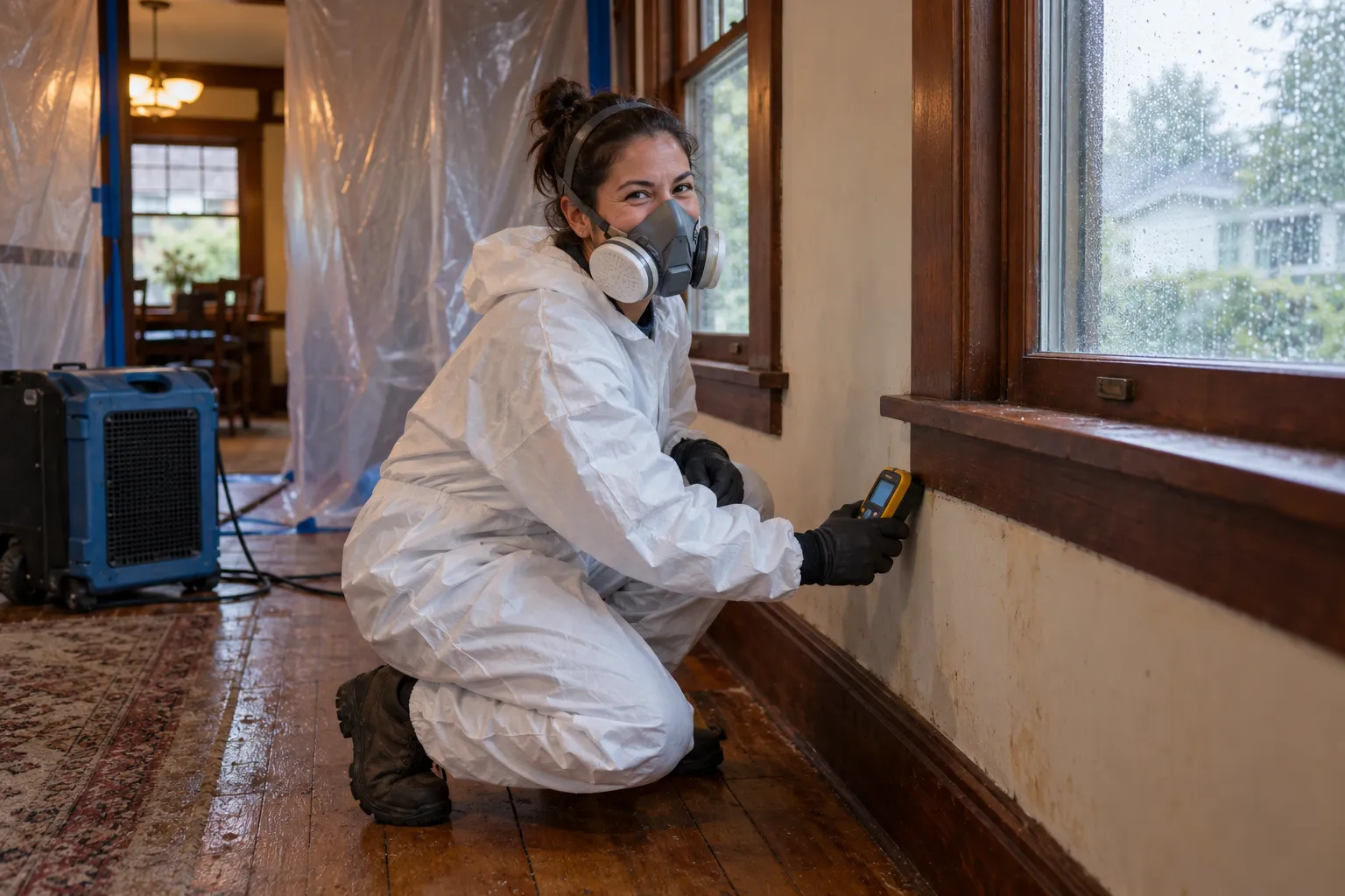 Mold remediation work area sealed with plastic sheeting